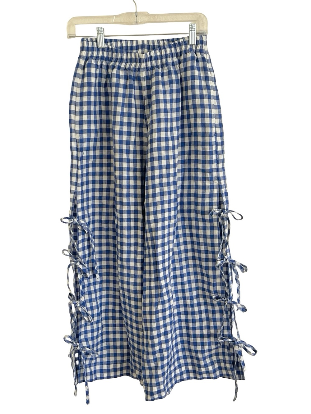 LinenFox Blue Gingham Uma Wide Leg Pants with Side Ties S / M